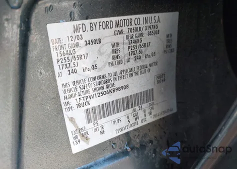 2004 Ford F-150 Lariat/Xlt из США, поврежденный, VIN 1FTPW12504KB98908